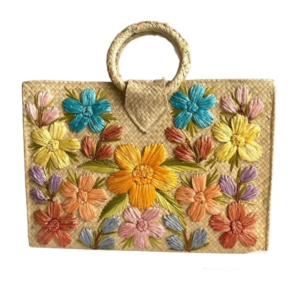 Vintage Handbags - Vintage Straw Tote Bag Floral Woven Raffia Beach Tote Vacation Resort Wear 60s